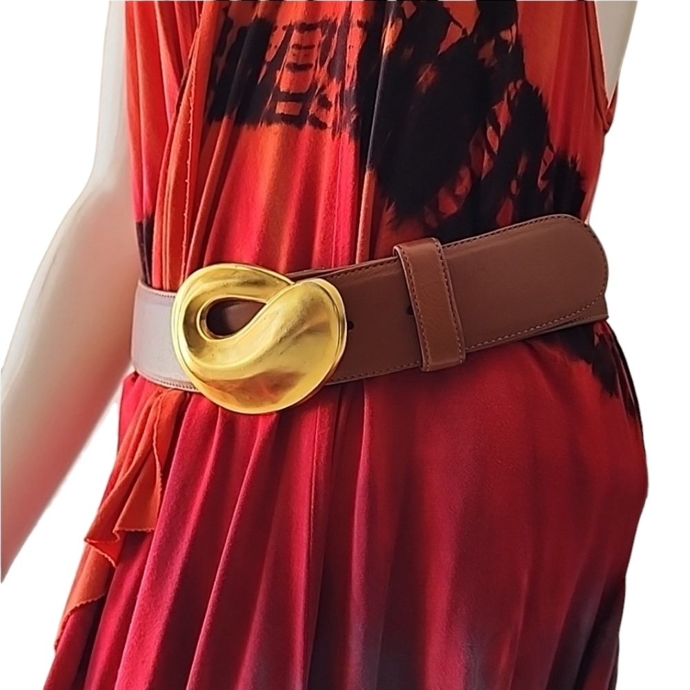 VINTAGE ROBERT LEE MORRIS Leather Belt Gold Swirl Buckle 80s Wearable Art Deco - Picture 16 of 16